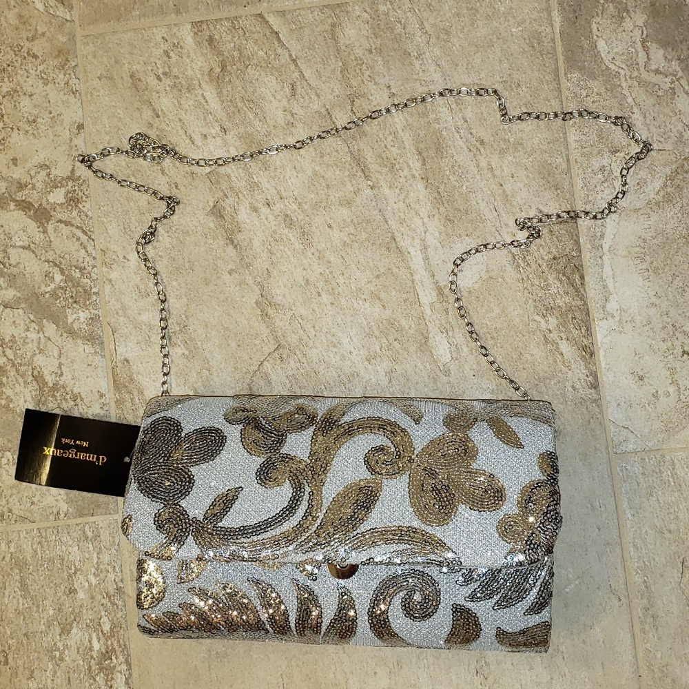 NWT Silver Sequined Clutch Evening Bag with Crossbody Chain
